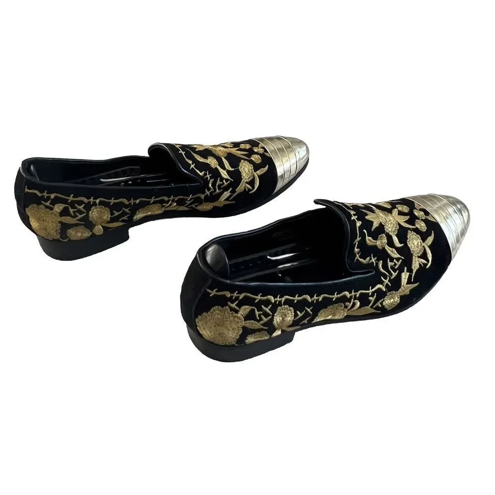 HUN Fashion Slip On Gold Cap Toe Embroidered Shoe Sz‎ 10.5